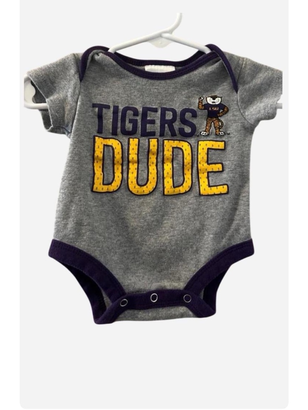 Russell Athletic LSU Gray & Purple 'Tigers Dude' Baby One-Piece
